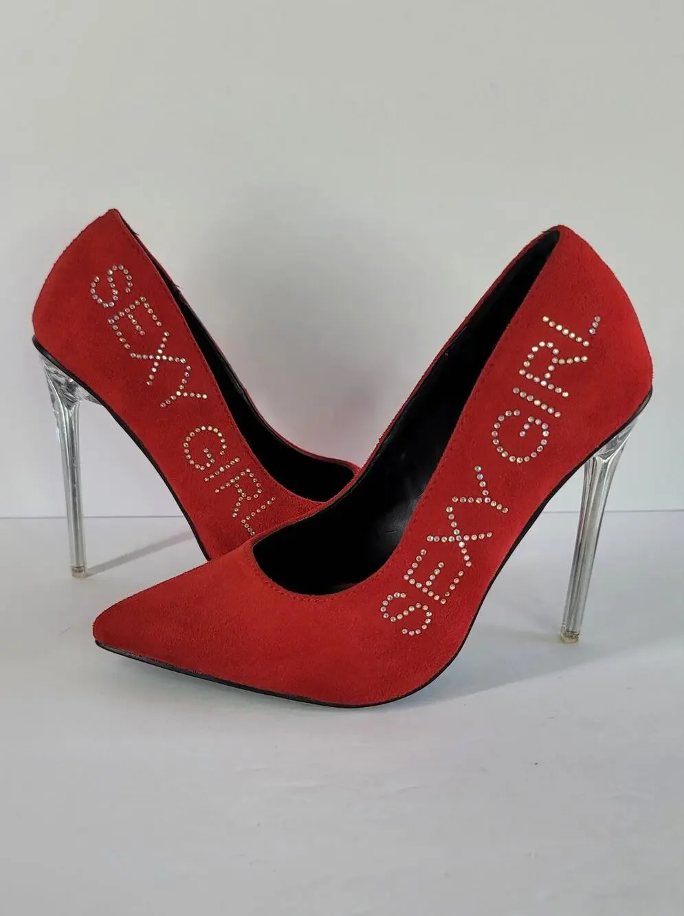 CATHY DIN Red Jeweled Sexy Girl Faux Suede Stiletto Heel Pumps Shoes Size 6